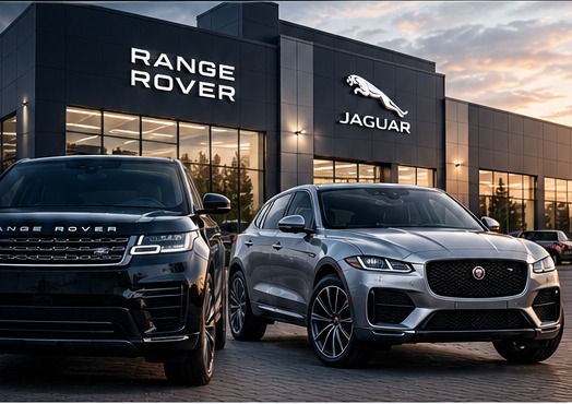 Автомобили Range Rover и Jaguar у современного здания